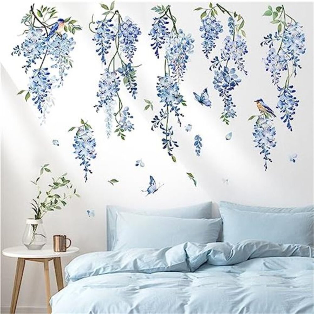 Blue Wisteria Wall Decal Hanging Flower Vine Stickers Bedroom Living Room Decor